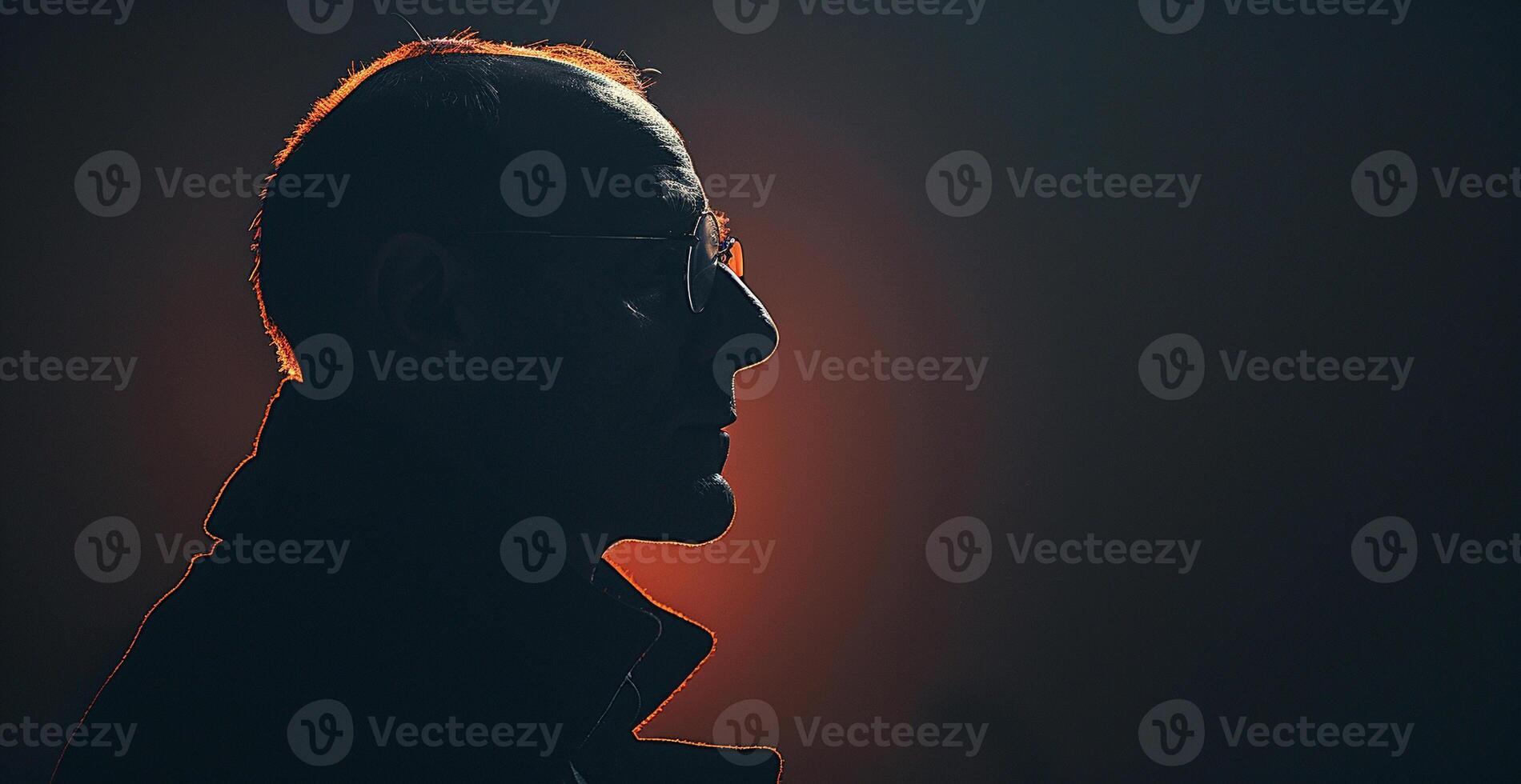 A man with glasses and a beard is standing in front of a dark background photo