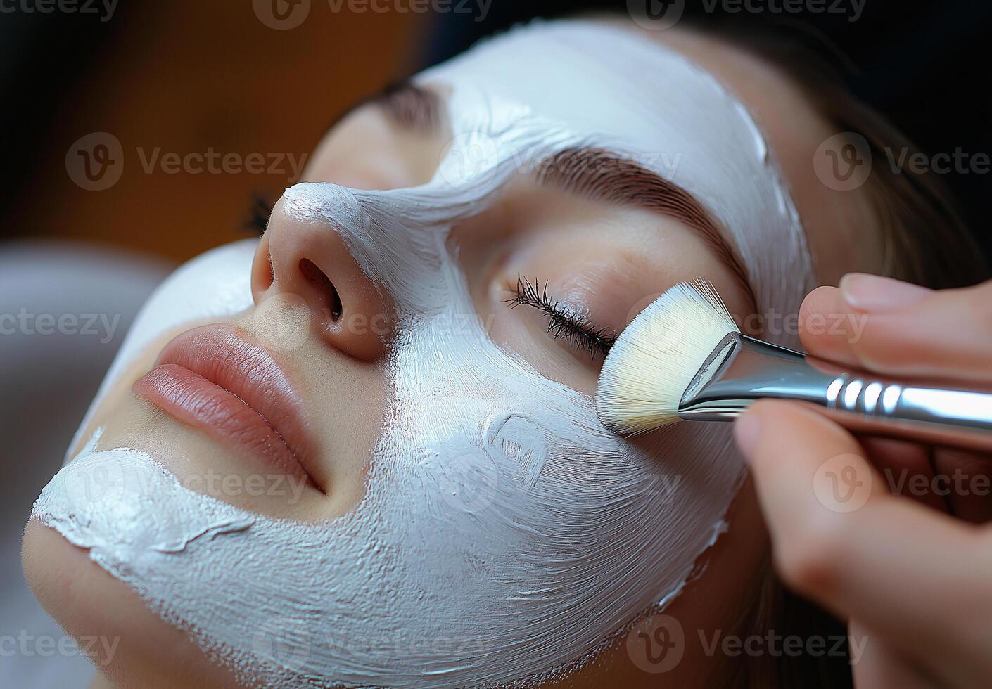 A woman is getting her face painted white photo