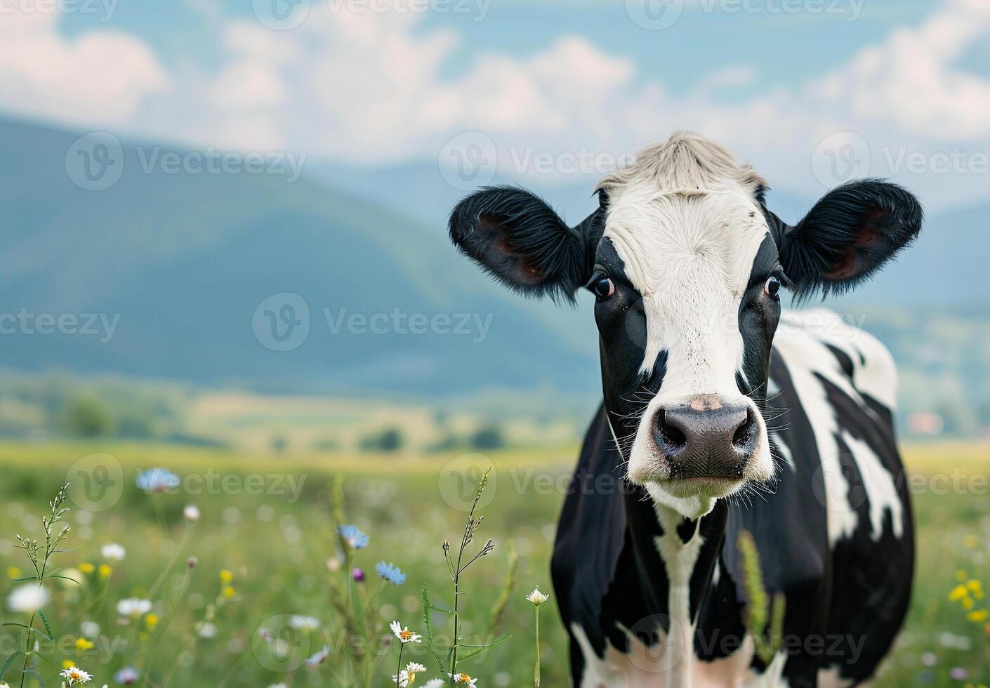 A black and white cow is standing in a field of flowers photo