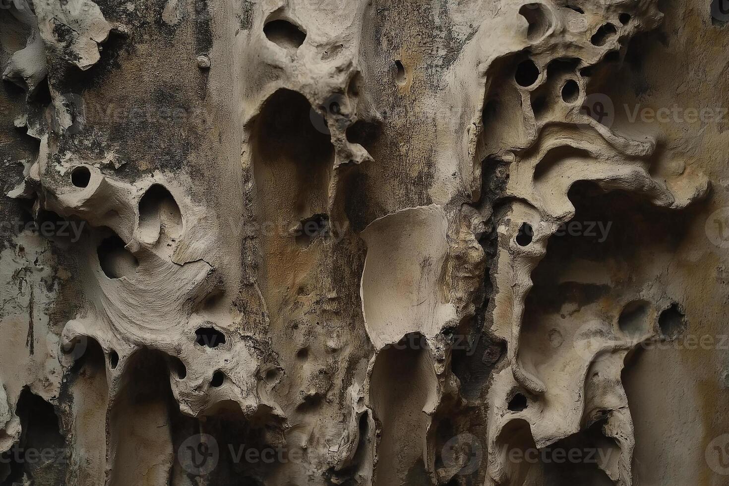 Exploring unique textures and formations in ancient rock faces at a secluded natural site. Generative photo