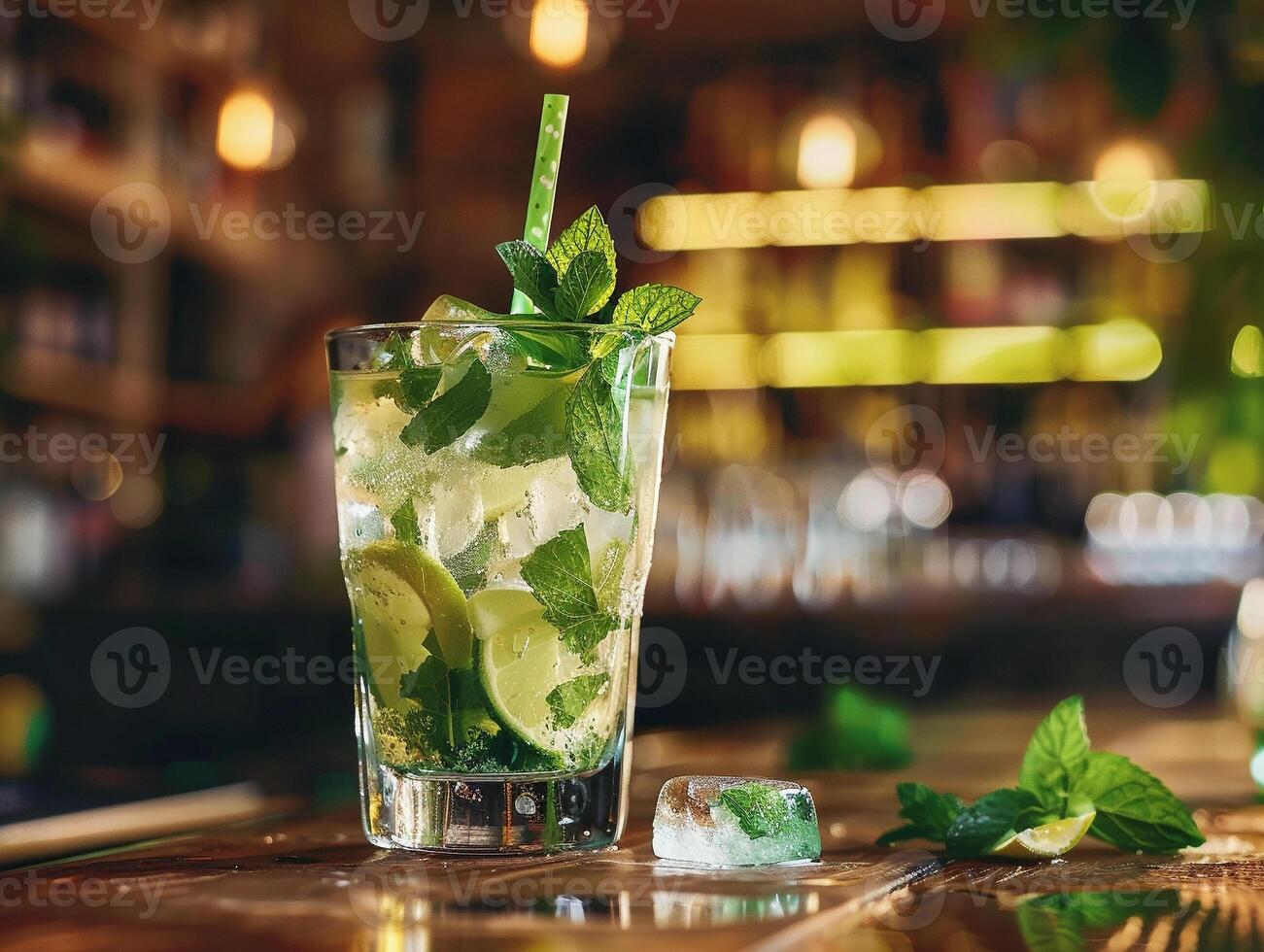 A glass of mojito with a lime wedge in it sits on a wooden table photo