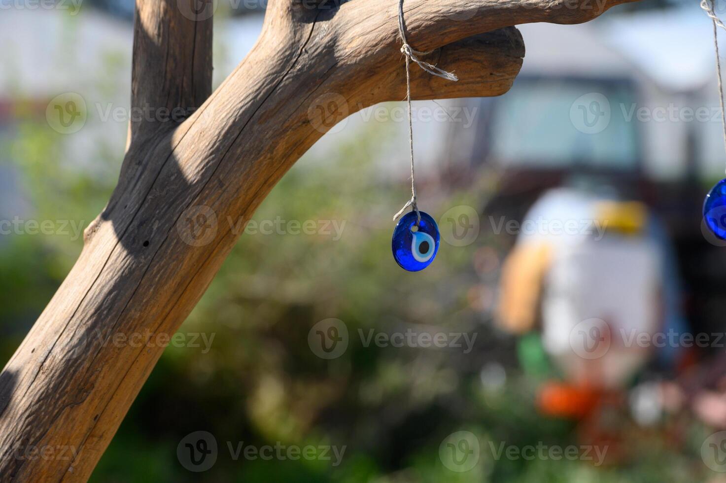 Hanging blue evil eye charms sway gently in a sunlit garden surrounded by greenery and artistic decor photo