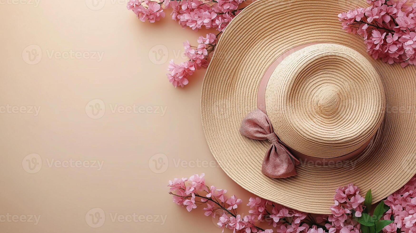 Chic Straw Hat with Pink Bow and Blossoms photo