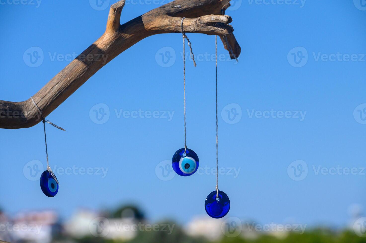 Beautiful blue talismans swinging gently from a branch under a clear sky in a serene coastal setting photo