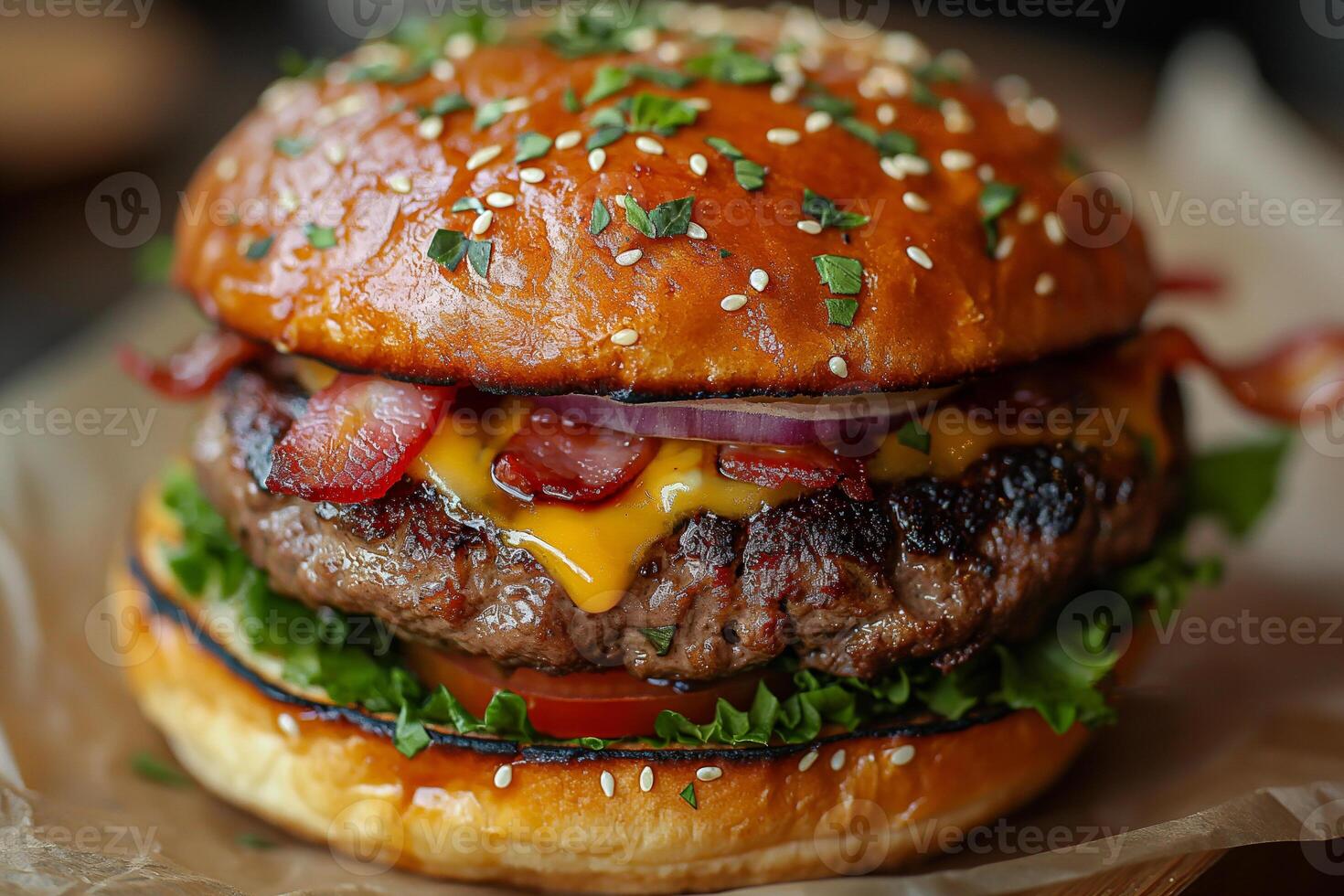 Juicy burger stacked high with bacon and melted cheese in a gourmet setting. photo