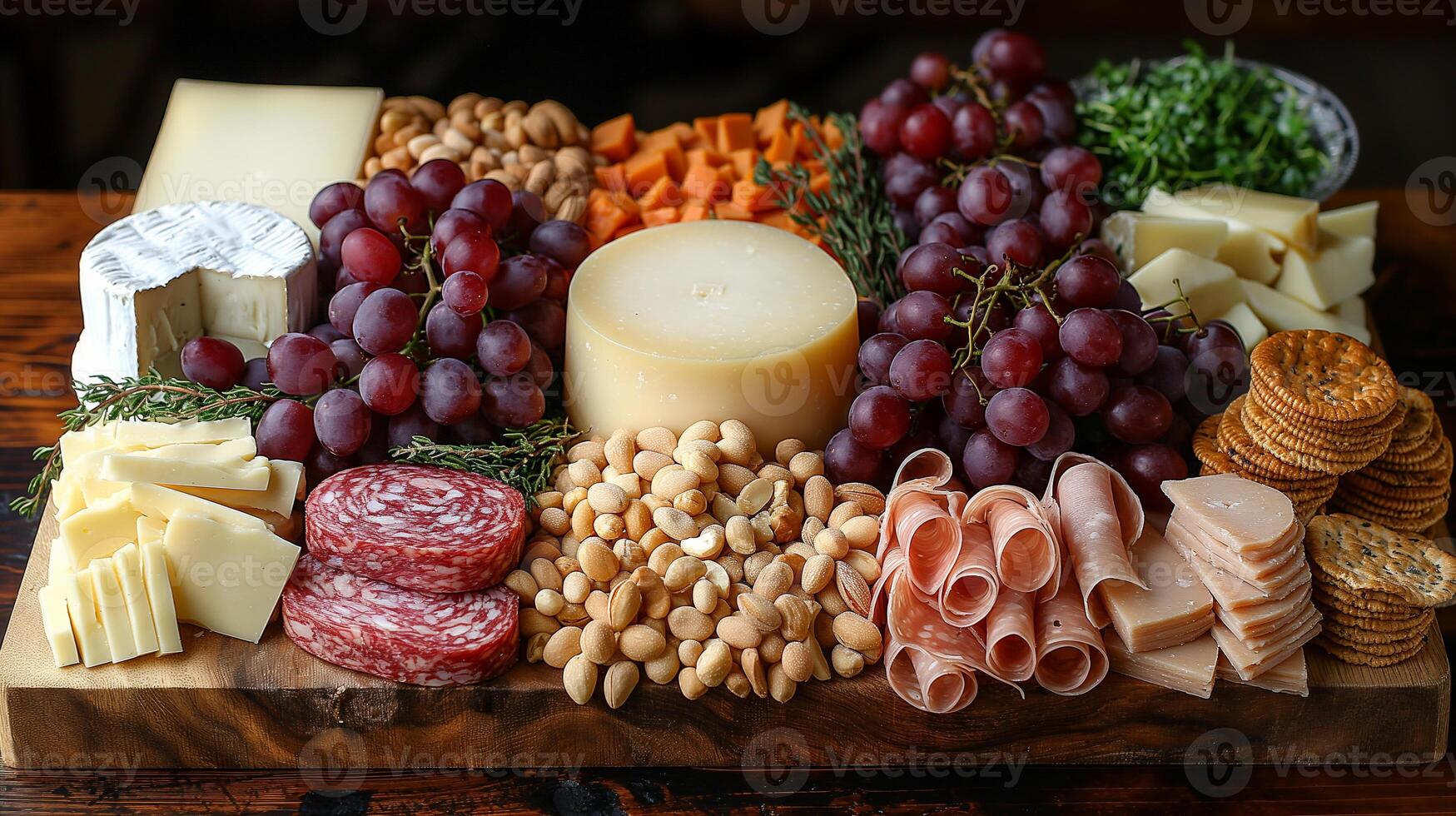 Exquisite cheese and charcuterie platter showcased with fresh fruits and nuts at a rustic gathering. photo