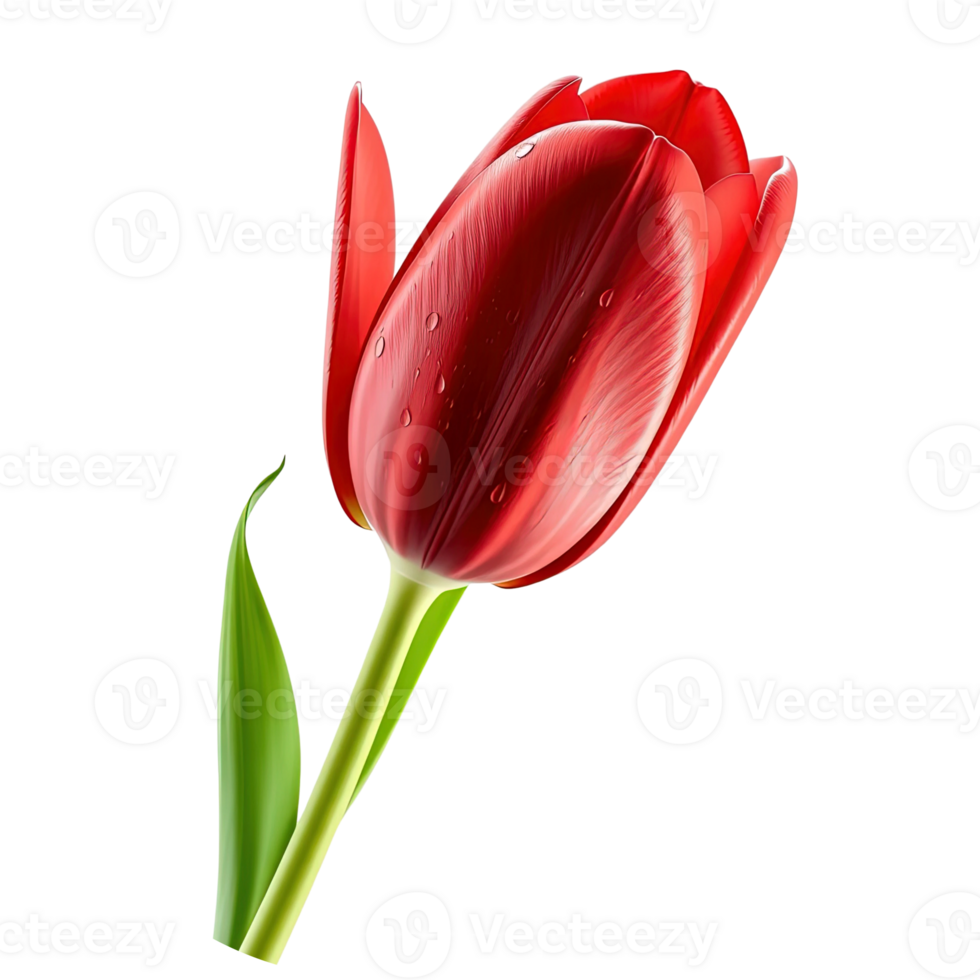 Stunning Red Tulip Illustration with Realistic Petal Texture and Water Droplets png