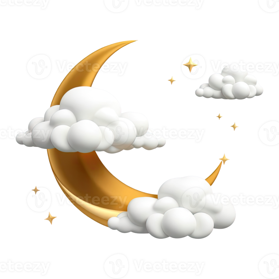 Dreamy Crescent Moon with Sparkling Stars and Floating Clouds for Night-Themed Designs png