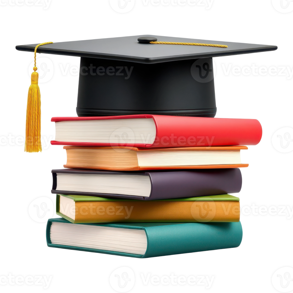 Colorful Books with Academic Cap Symbolizing Knowledge and Achievement png