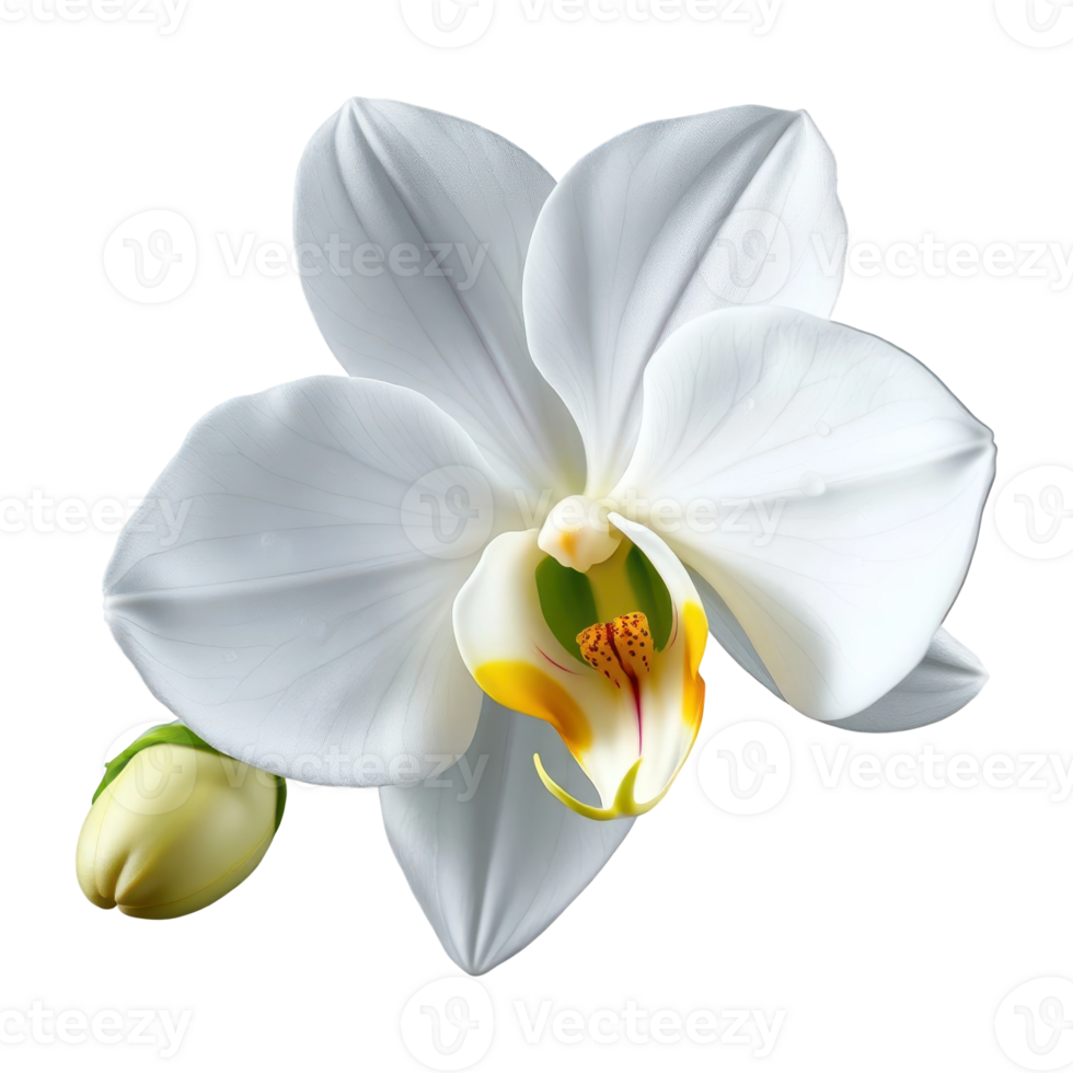 Beautiful White Orchid Bloom with Delicate Textured Petals and Vibrant Center png