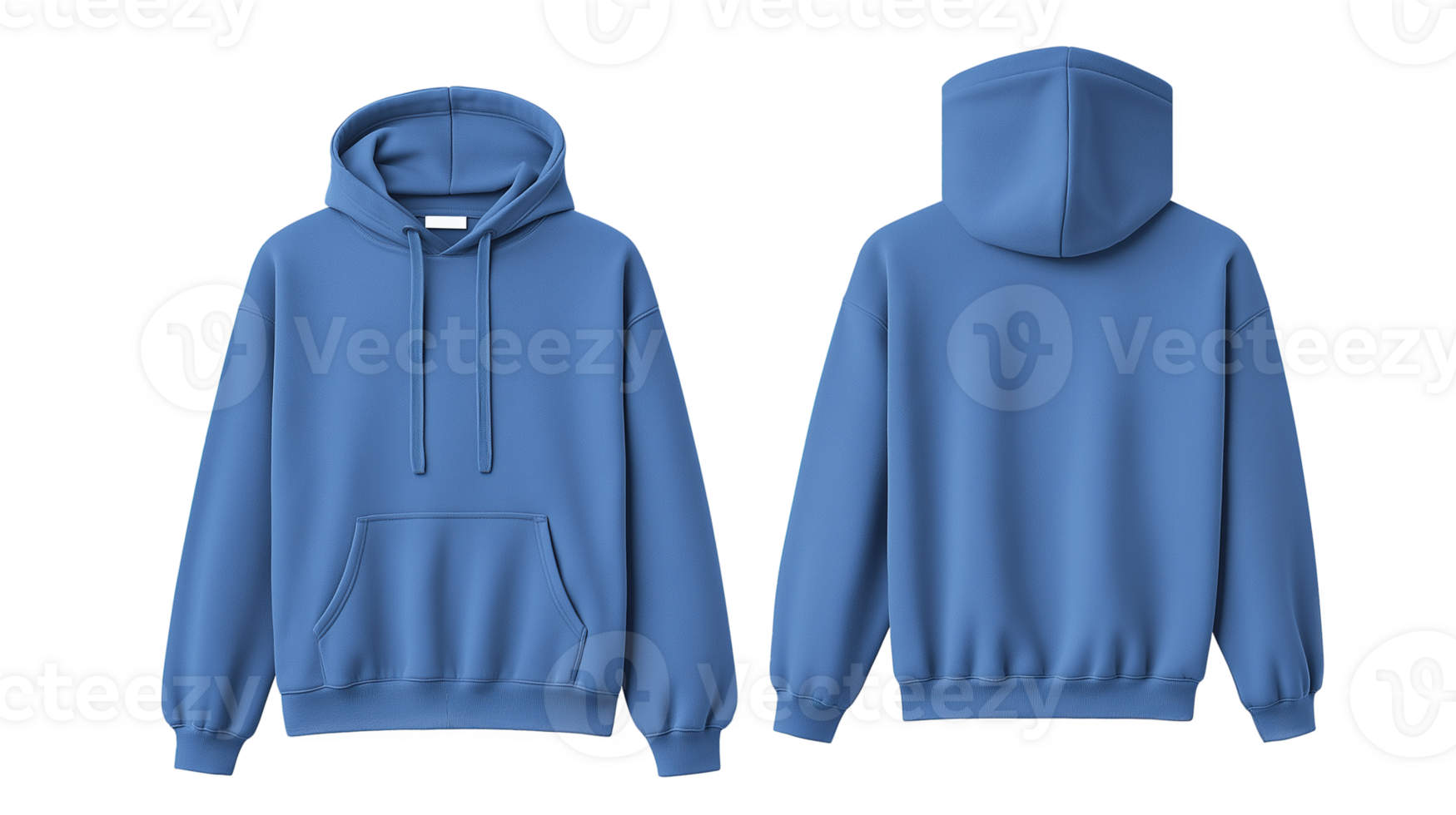 A Blue colored hoodie with hood on Front and back, flat lay isolated transparent background png