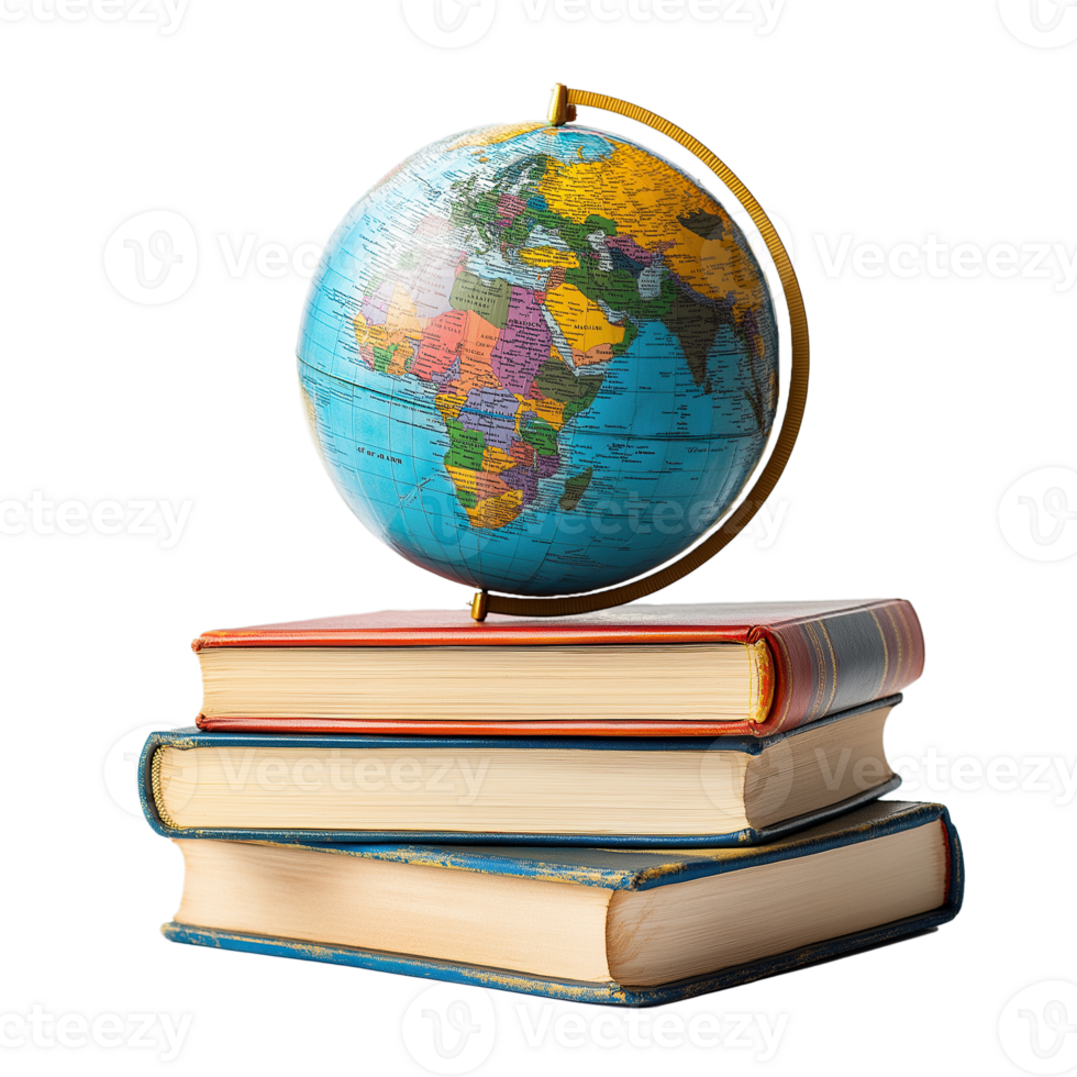 Educational Books and Globe on Top, Isolated on Transparent Background png
