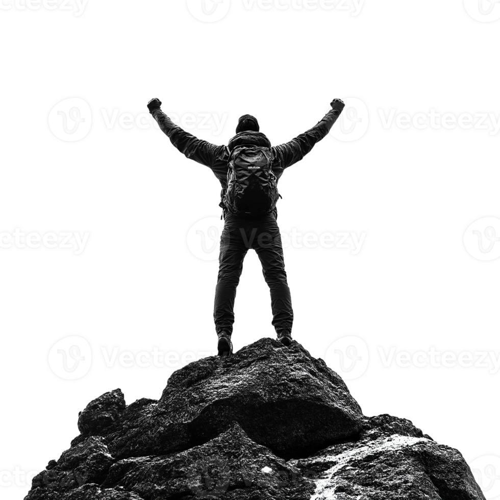 Man on Mountain Top, Symbolizing Achievement, Isolated on Transparent Background png