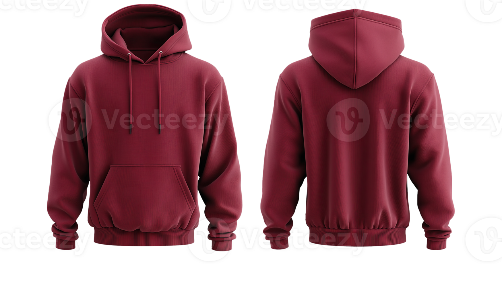Burgundy Hoodie Mockup, Front and Back Views, Transparent Background png