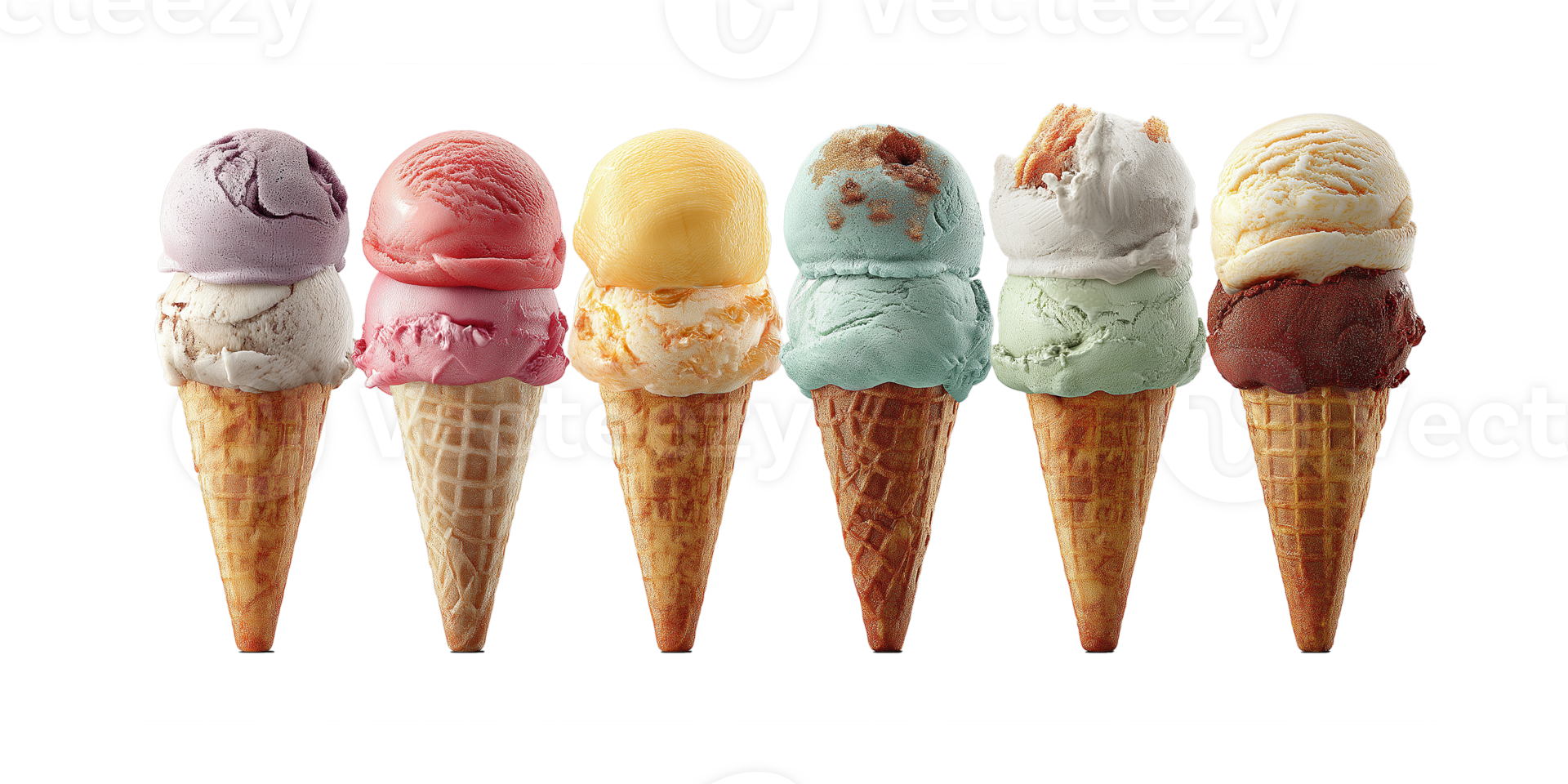 Set of Different Ice Cream Scoops on Waffle Cones. Isolated on Transparent Background png
