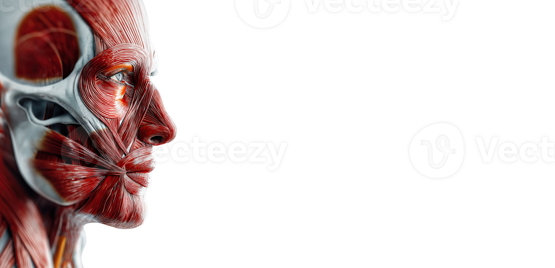 Man's Face with Detailed Muscle Anatomy, Medical Anatomy. Isolated on Transparent Background with Copy Space png