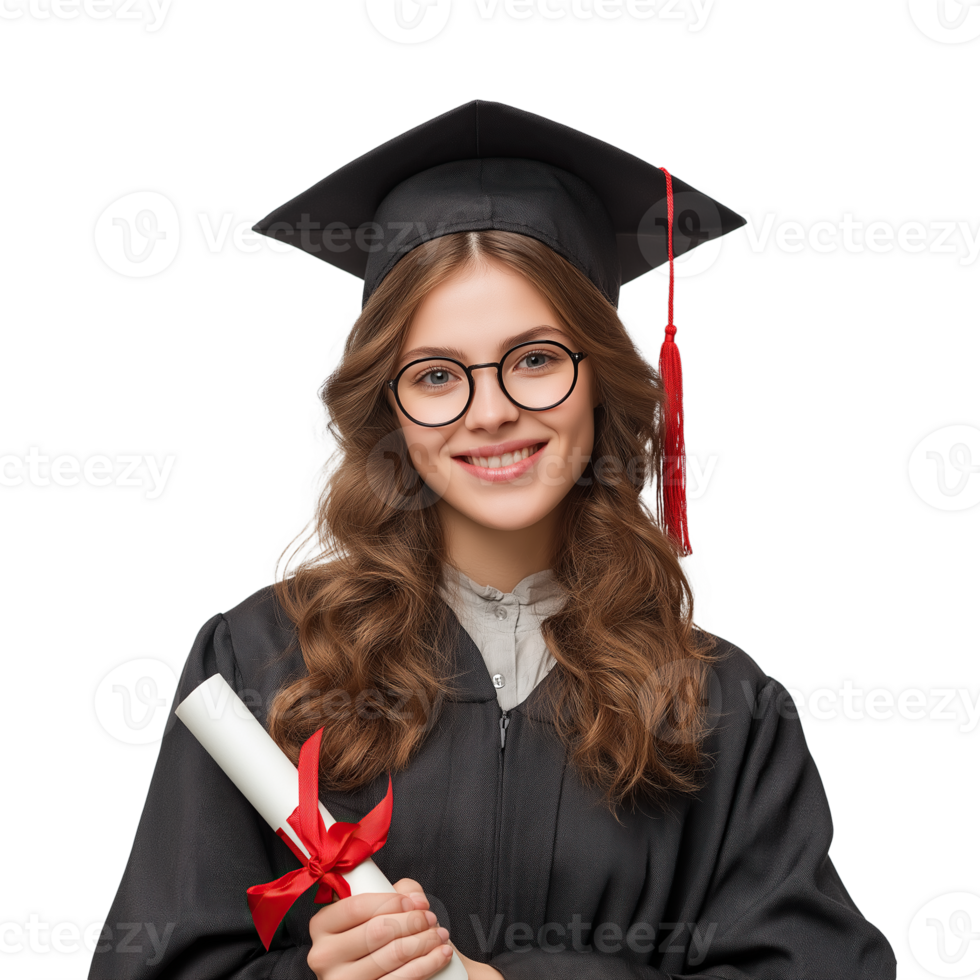 Smiling Graduate in Cap and Gown Holding Diploma with Red Ribbon, Isolated on Transparent Background png