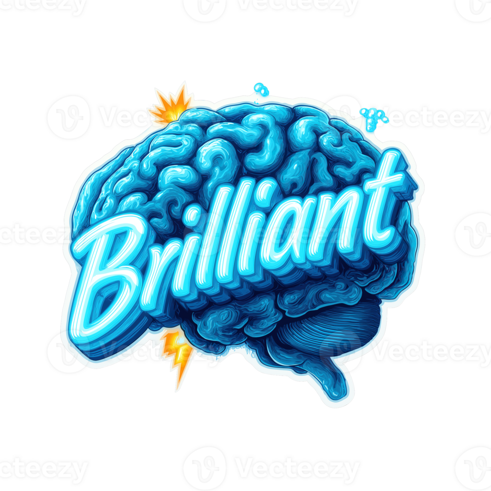 Brilliant Neon Cyan Text Over Anime-Style Cartoon Brain Electricity png