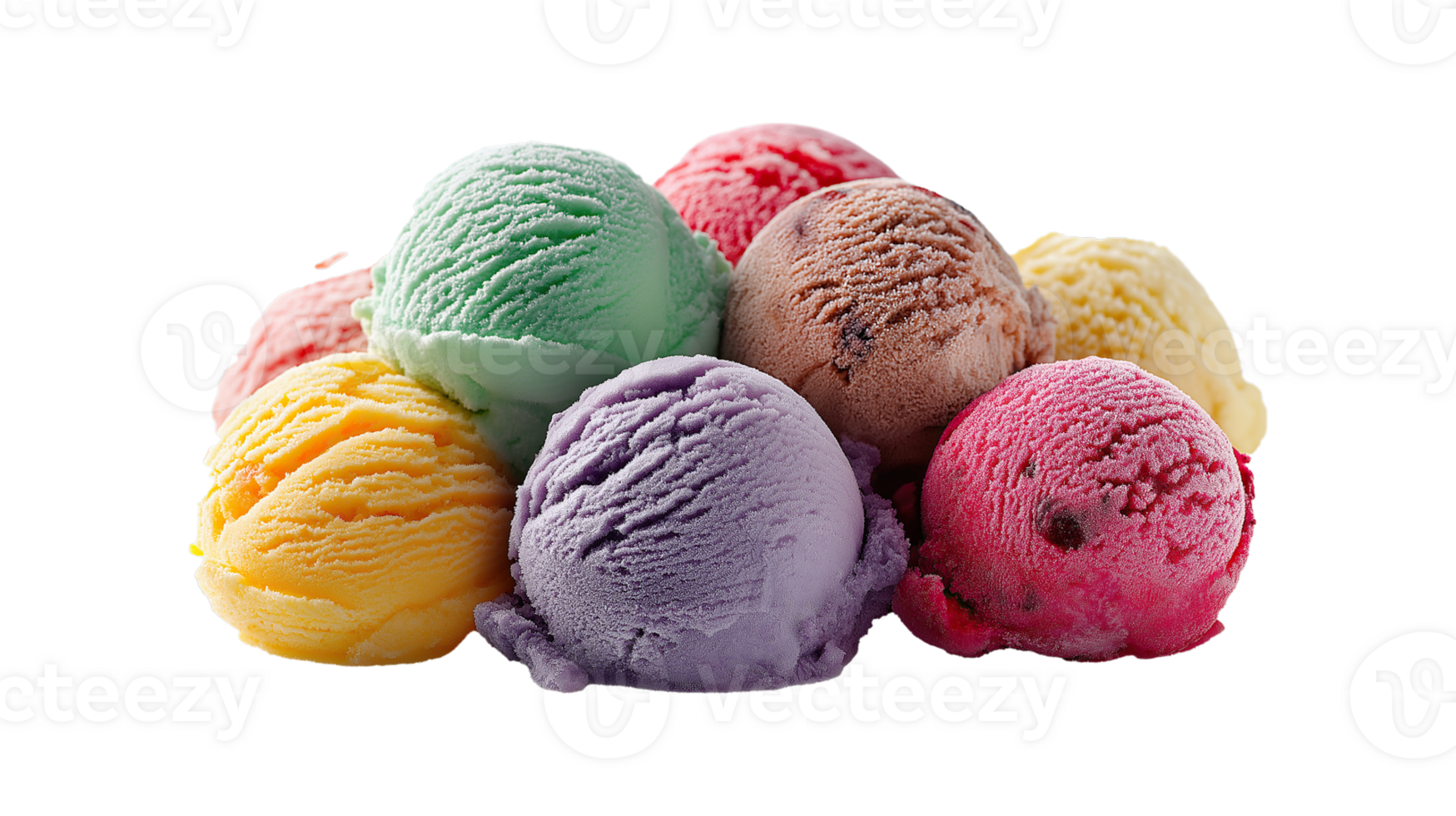 Vibrant Ice Cream Scoops. Strawberry, Tutti Frutti, Neapolitan, and Raspberry Ripple on Transparency Background png