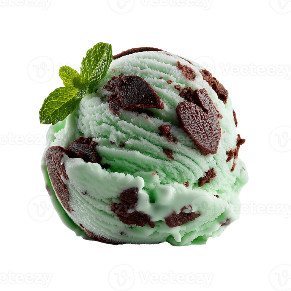 -Green Mint Chocolate Chip Ice Cream Scoop. Crisp, Clean Product Shot on Transparent Background png