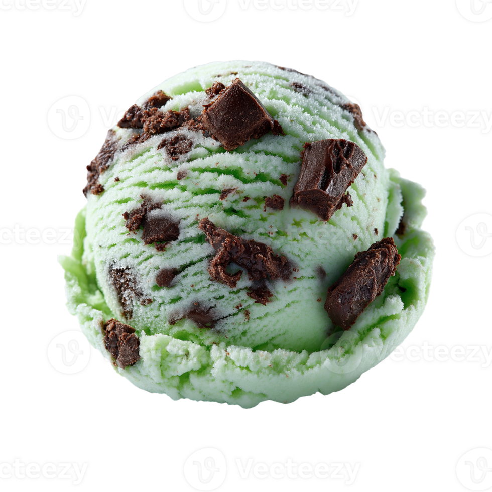 Mint Chocolate Chip Ice Cream Scoop. Mint-Green with Chocolate Pieces, Isolated on Transparent Background png