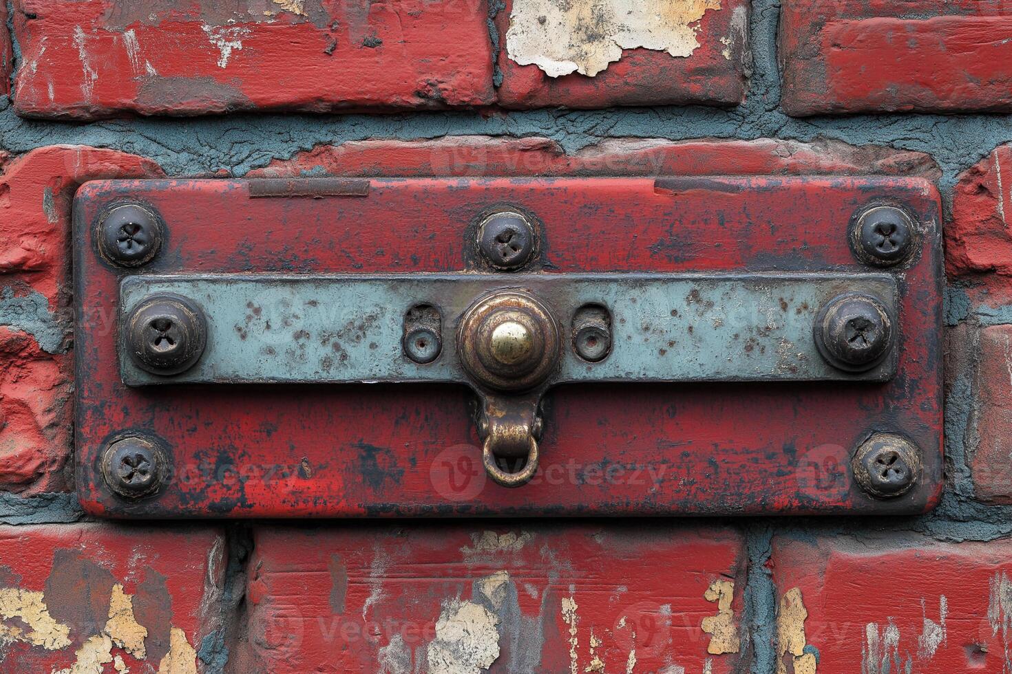 Rusty door latch on weathered brick wall reveals stories of time and use in urban setting. photo