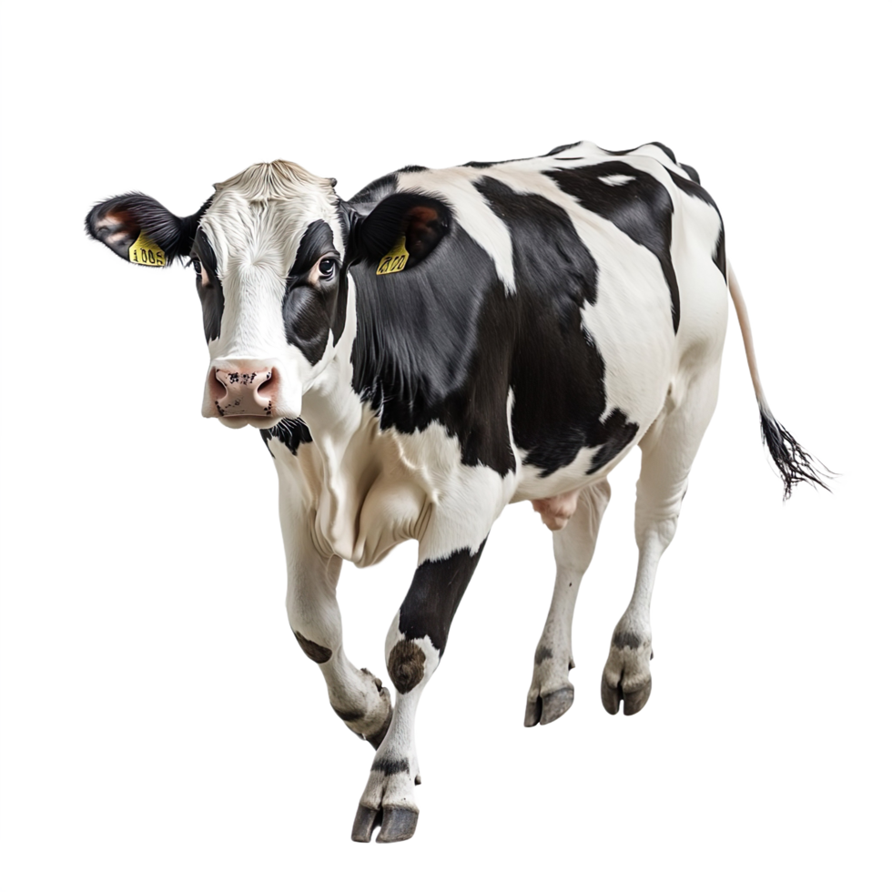 A black and white cow running isolated on transparent background png