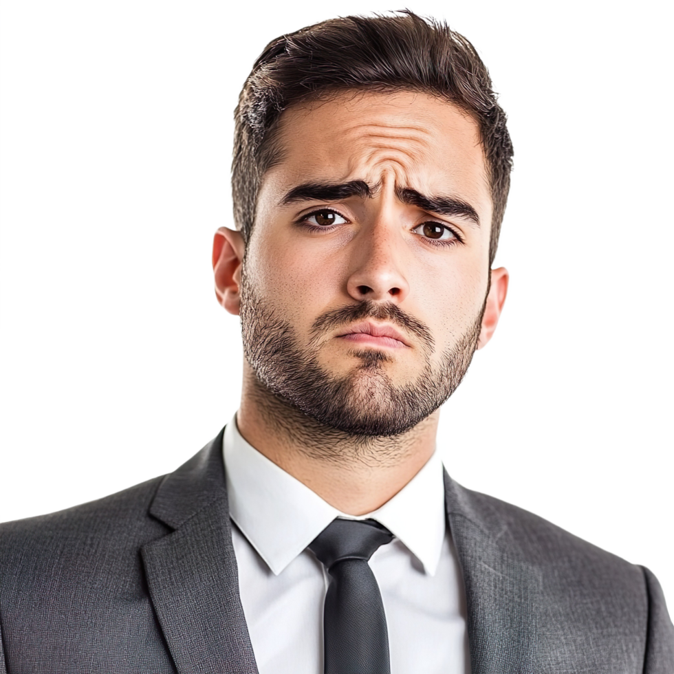 A young handsome business man with an upset expression isolated on transparent background png