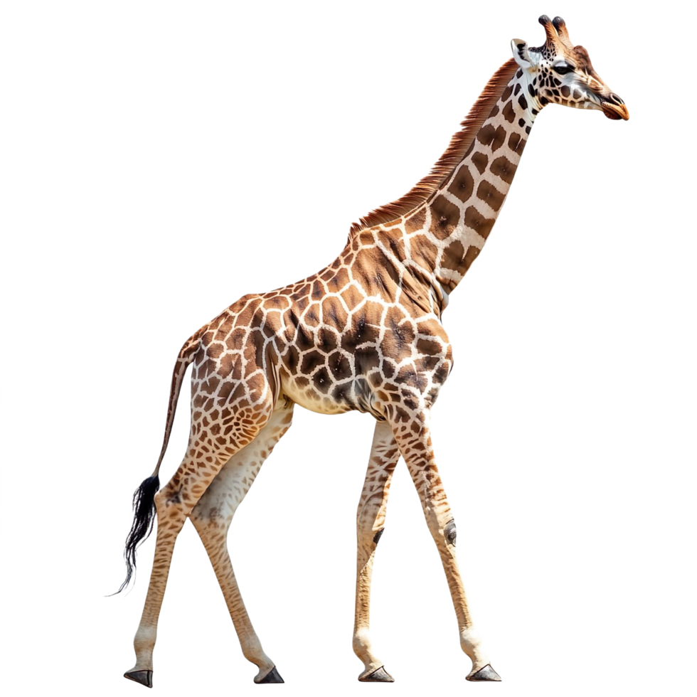 A giraffe is walking side view isolated on transparent background png