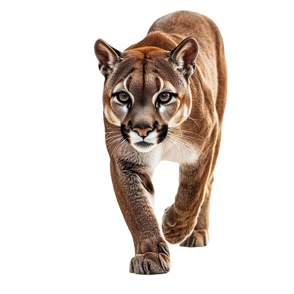 A cougar walking towards the camera isolated on transparent background png