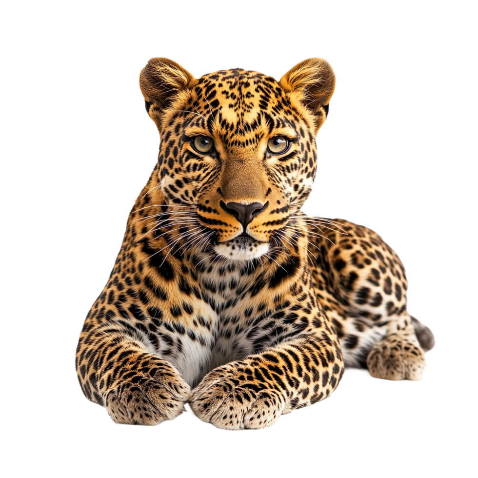 A leopard lying down looking at the camera isolated on transparent background png