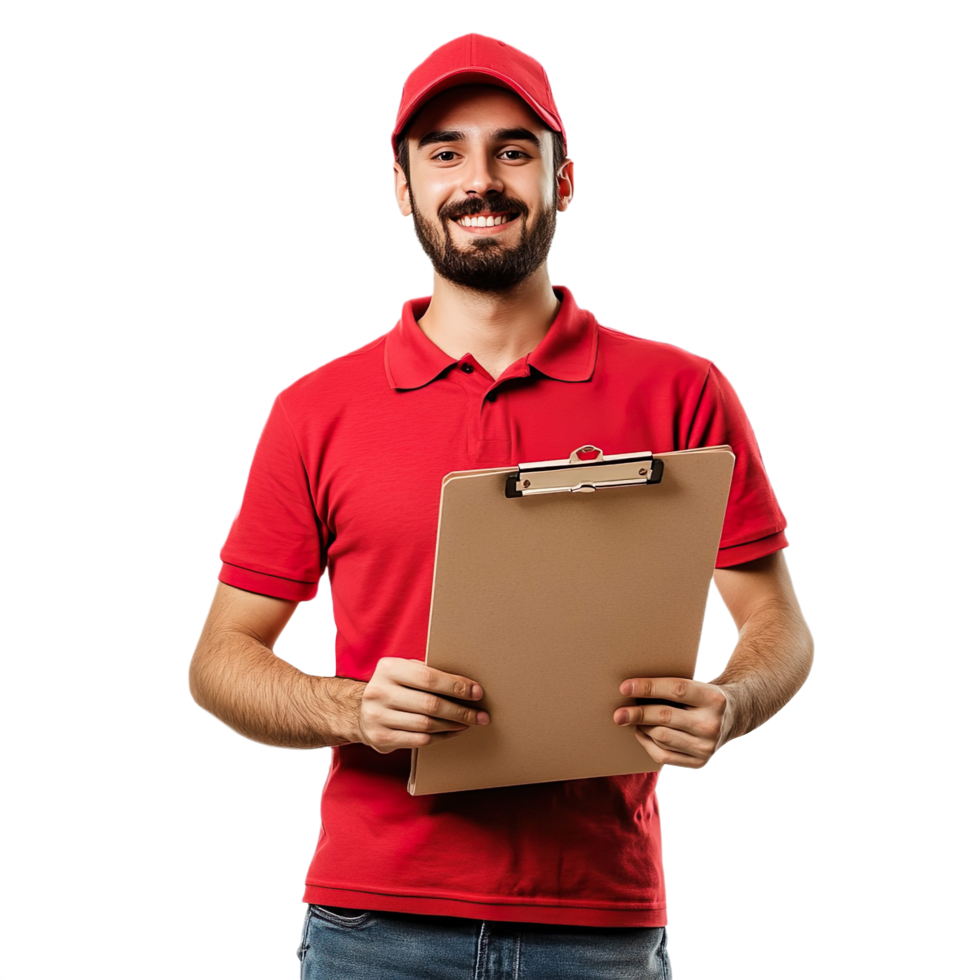 Delivery man with clipboard isolated on transparent background png