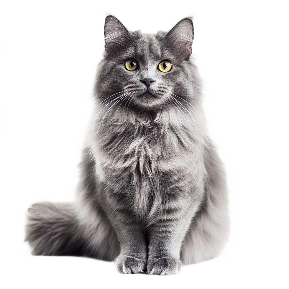Majestic grey fluffy cat isolated on transparent background png
