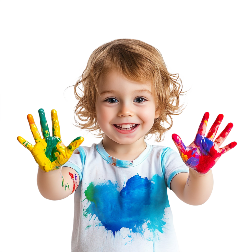 Little child with hands in colored paint isolated on transparent background png