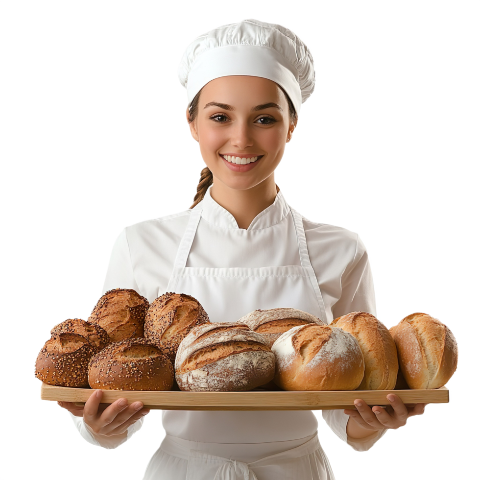 Female Baker Holding Tray of Bread isolated on transparent background png