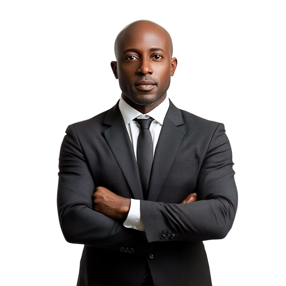 Black bald businessman in a suit isolated on transparent background png