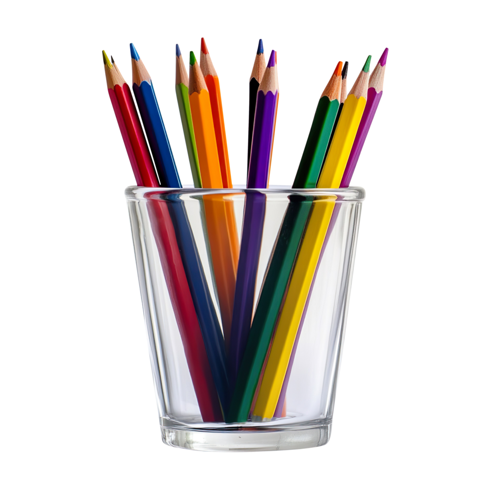 A glass cup with pens and pencils isolated on transparent background png