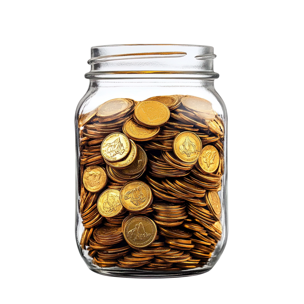 A glass jar full of gold coins isolated on transparent background png