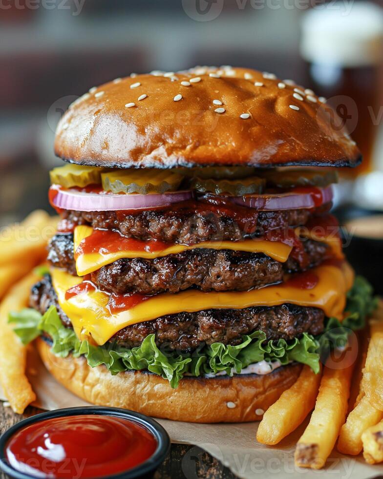 Indulging in a towering burger feast with crispy fries and refreshing beverages. photo