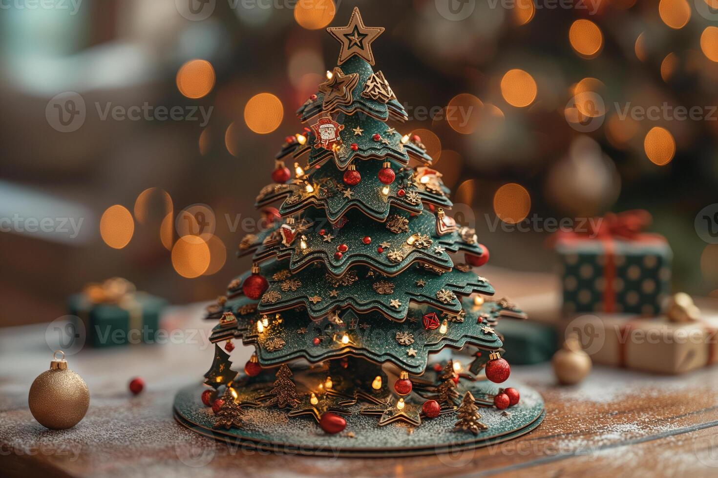 Decorative Christmas tree surrounded by gifts and soft glowing lights for a festive celebration. photo