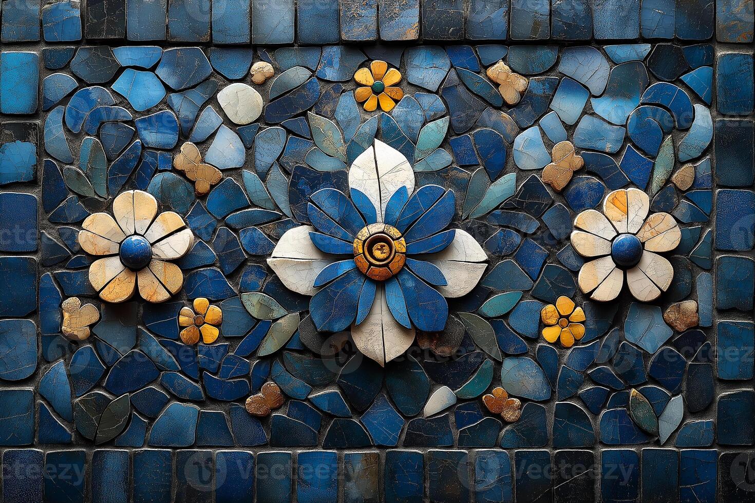Intricate floral mosaic design showcasing vibrant blue and golden hues in a decorative art piece. photo