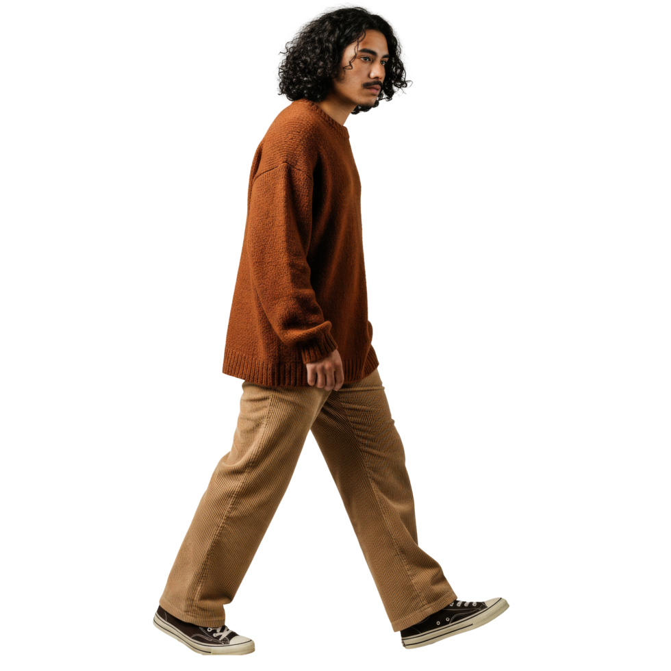A Man Walking Wearing Brown Sweater and Corduroy Pants png