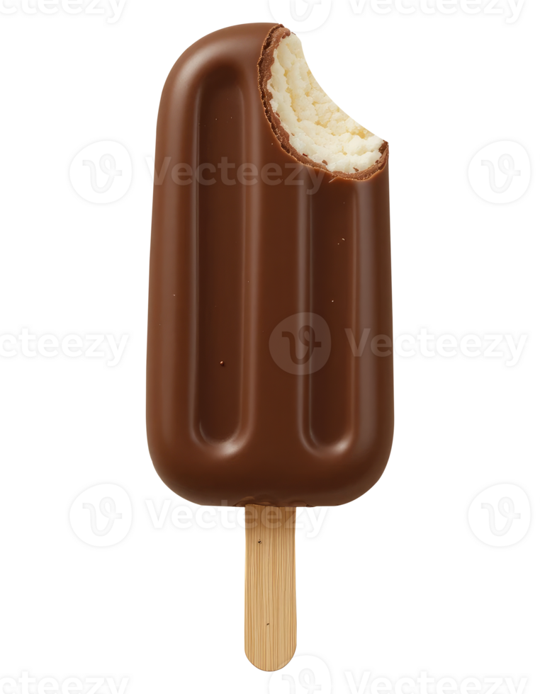Bitten Chocolate Ice Cream Bar on Wooden Stick Cut Out Isolated on Transparent Background. png