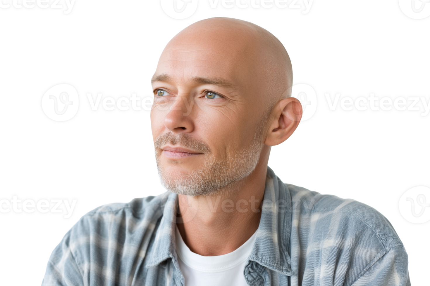 Portrait of a bald middle-aged man with a hopeful expression, looking towards the future with positivity, isolated on a transparent background png