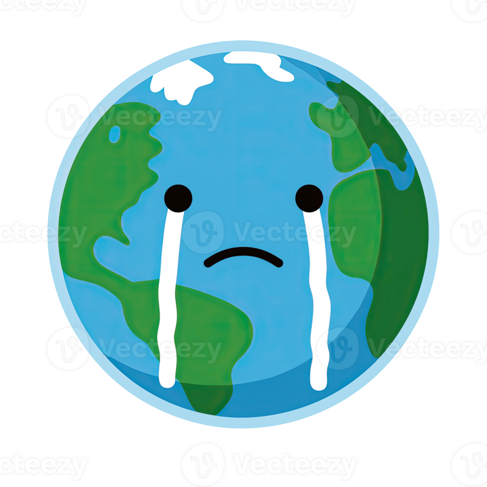 Sad crying cartoon planet earth as symbol for environmental damage. Simple whimsical globe icon illustration. png
