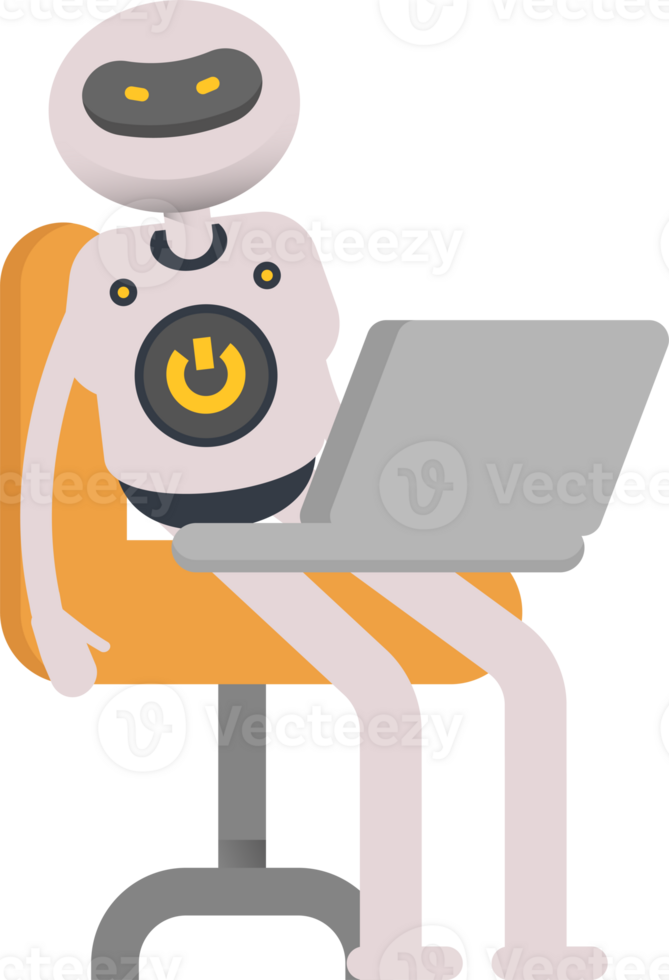 White Robot Character Working on Laptop png