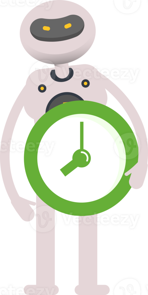 White Robot Character Holding Green Clock png