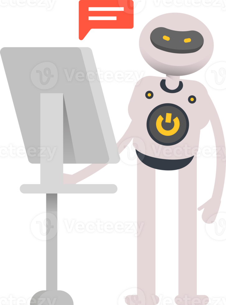 White Robot Character Working on Computer png