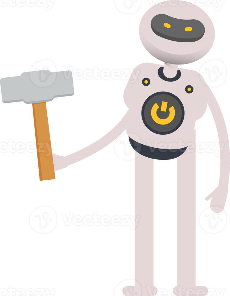 White Robot Character Holding Hammer Tool png