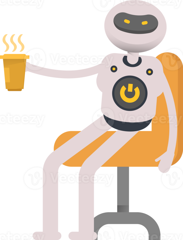 White Robot Character Holding and Drinking Coffee png